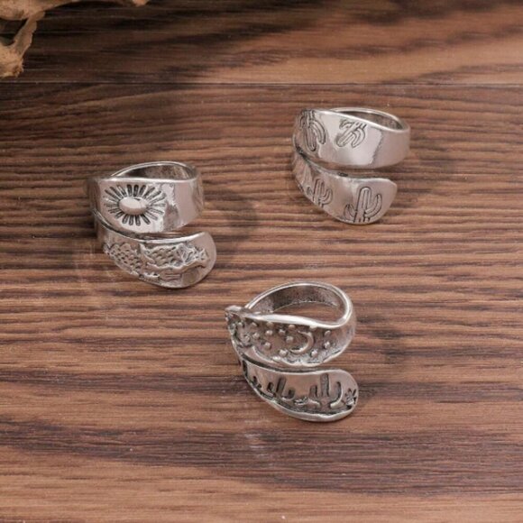 Southwest Adjustable Cuff Ring 3 Set Antique Silver Tone - Picture 2 of 5